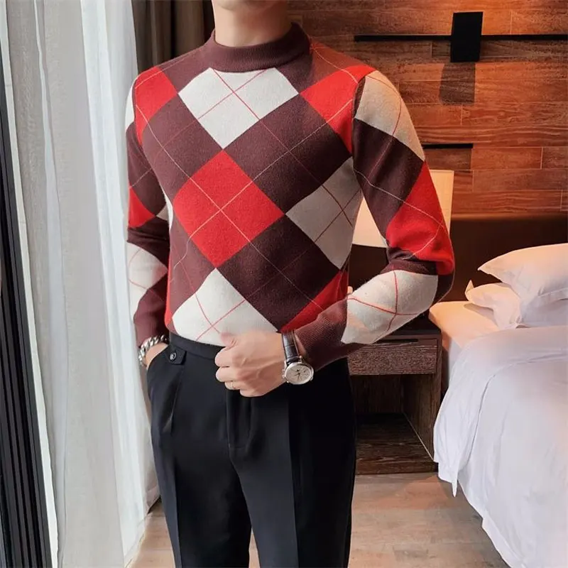 American Argyle Casual Sweaters Autumn Winter New Round Neck Men's Clothing Vintage Contrasting Colors Spliced Knitted Pullovers