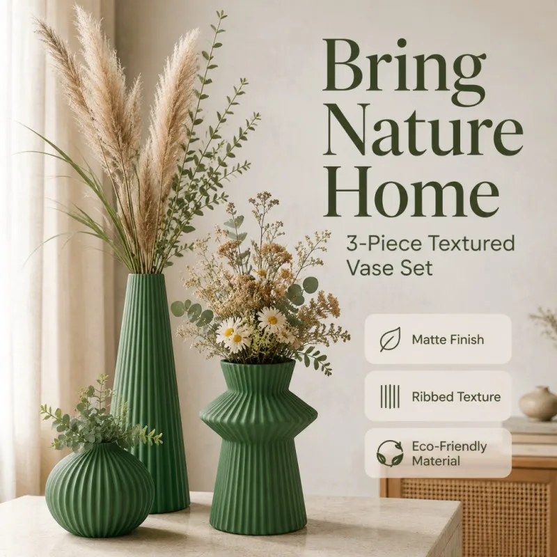 3Pcs Ribbed Textured Green Vase Set Eco-Friendly PLA Matte Finish Modern Nature Home Decor For Tabletop Entryway Dried Pampas Gr