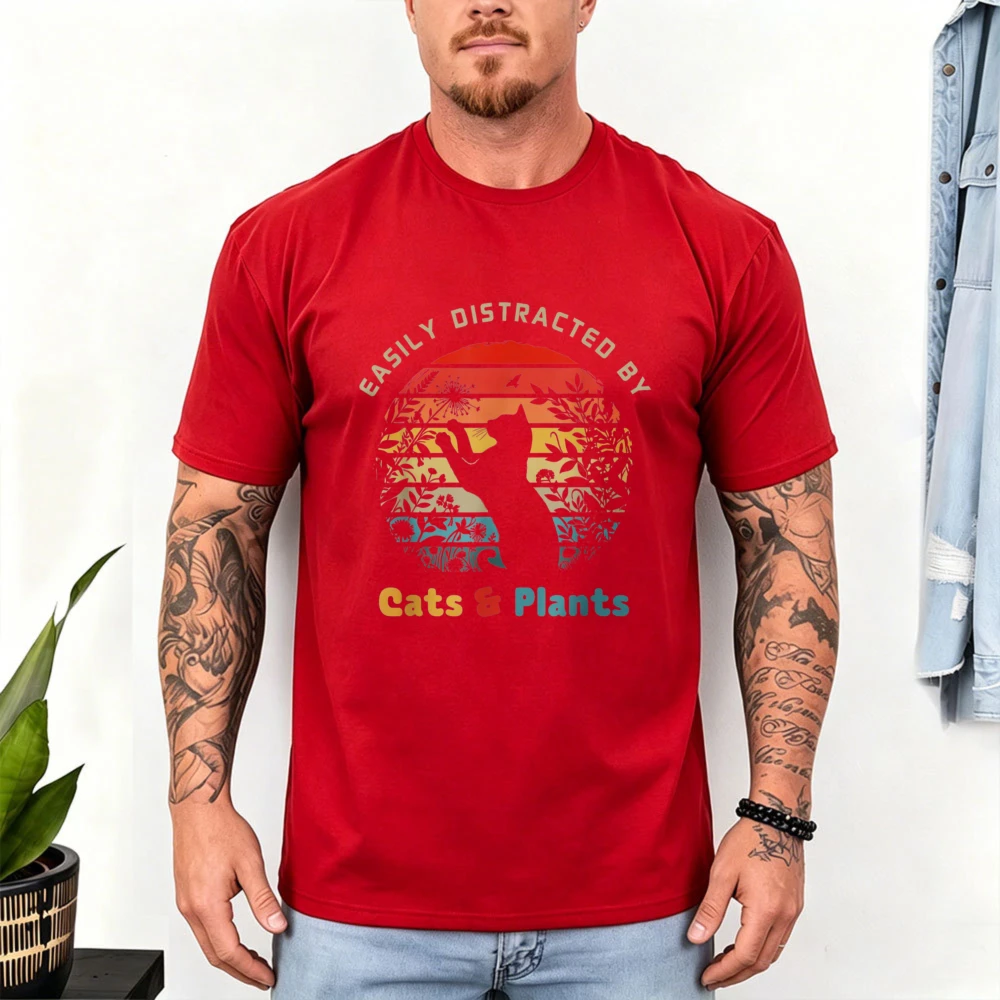 Men Women Cotton T-shirt Easily Distracted By Cats and Plants Retro Sunset Cat Silhouette Print Plant Lover Casual Short Sleeve