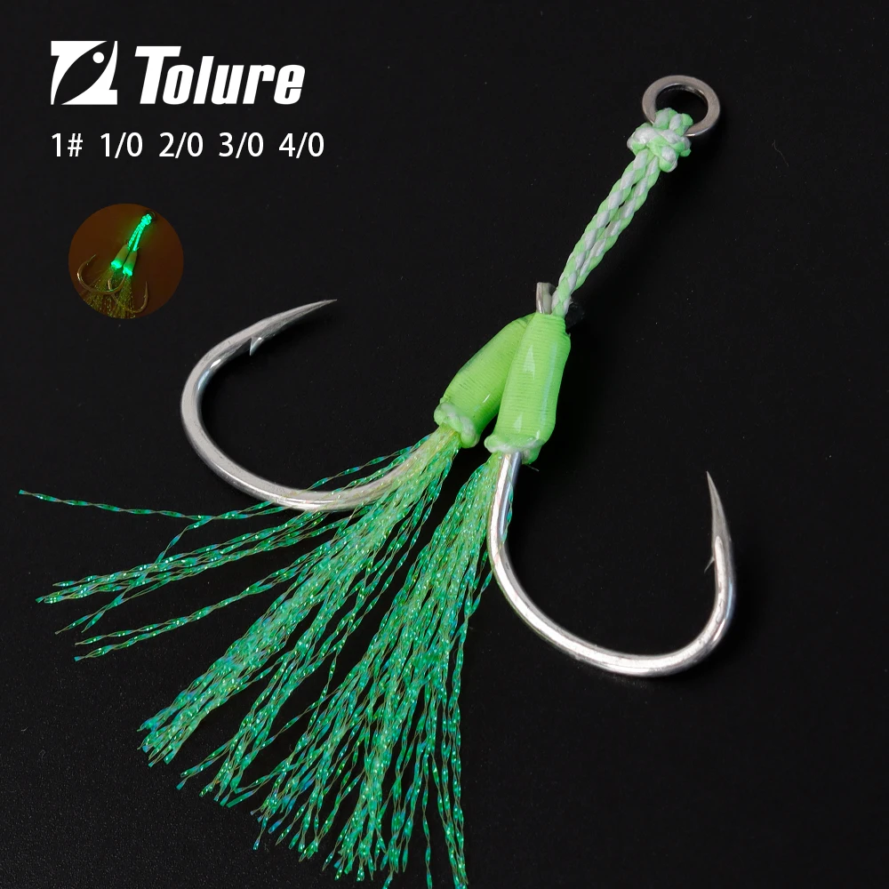 

TOLU 10 шт. металлические вспомогательные крючки для хвоста 1-4/0 # Рыболовные крючки с полиэтиленовым пером, сплошное кольцо, встроенная стальная проволока для УФ-рыбалки
