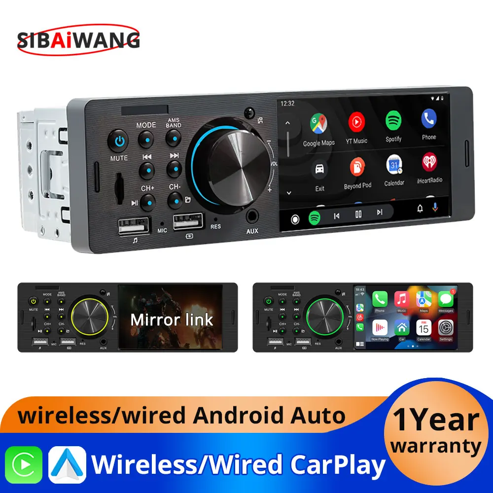 

1Din 4.1inch Car Radio MP5 Multimedia Video Player Wireless Carplay Android Auto dual USB AUX TF Bluetooth Rear View Camera