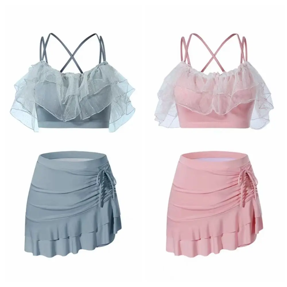 Süßer Slim-Fit-Badeanzug mit A-Linien-Rock, Puff-Rüschen, schulterfrei, Spitze, Rüschen, Badeanzug, Strandmode, zweiteiliges Set, Bademode für Damen