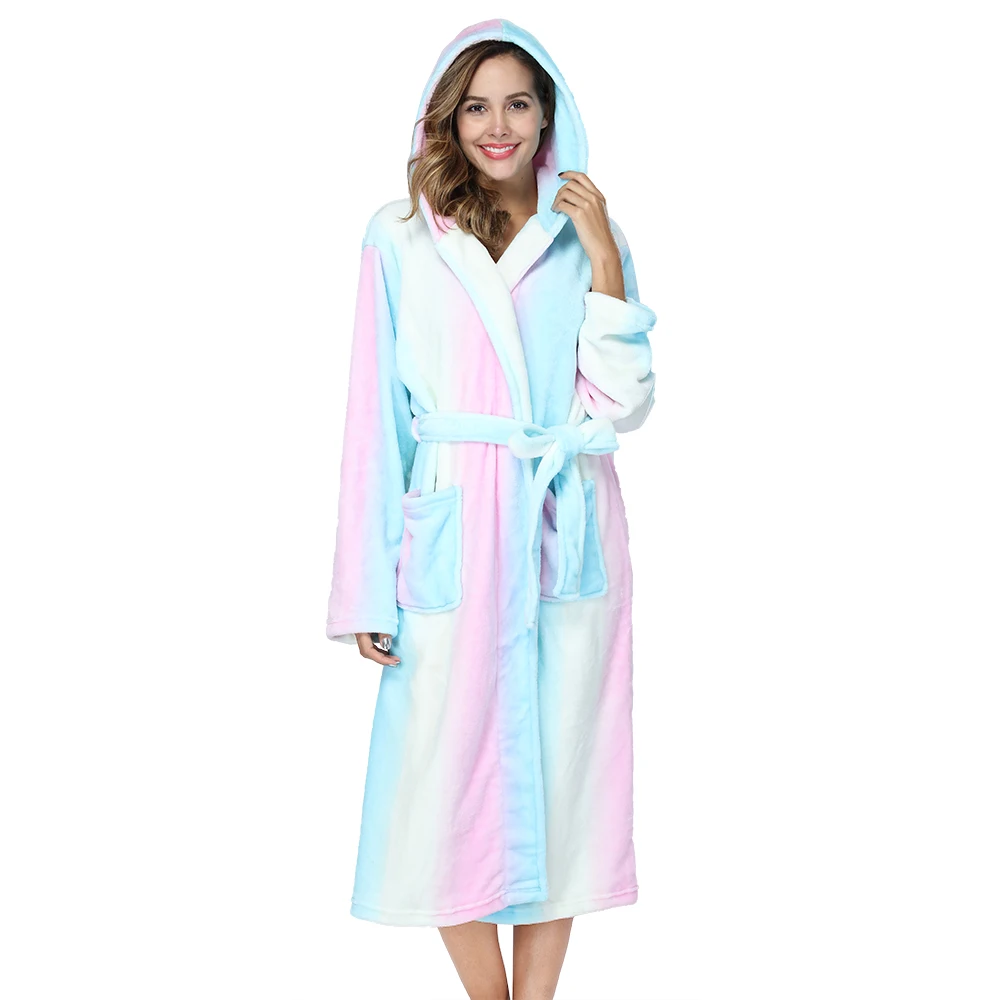 RONGTAI Womens Rainbow colored Flannel Bathrobe Ladies Fleece Plush Warm Long Robes Fleece Nightgown Sleepwear