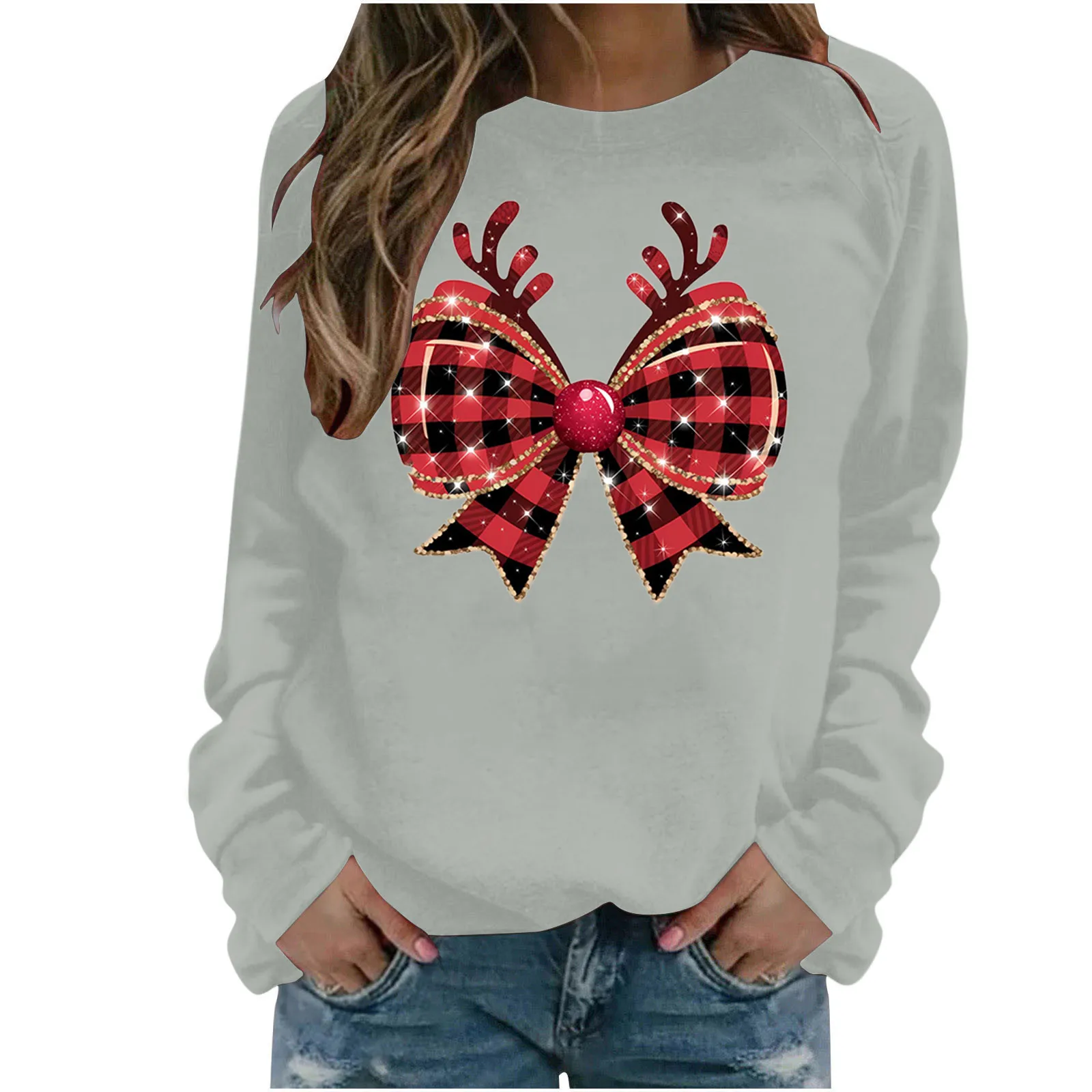 Women Autumn And Winter Hoodie Christmas Style Bow Tie Print Round Neck Loose Long Sleeved Fashionable Casual Hooded Sweatshirt