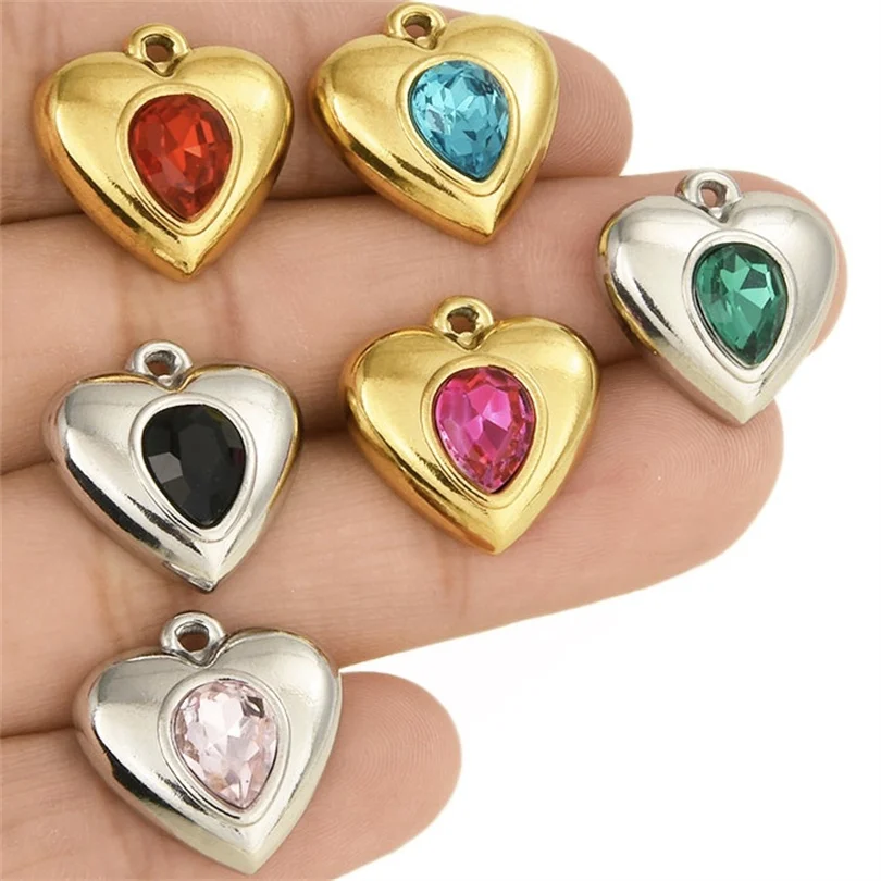 

7pcs Irregular Heart Stainless Steel Metal Pendant Gold/Silver Color Diy Charms Women Color Stone Love Necklace Pendant Jewelry