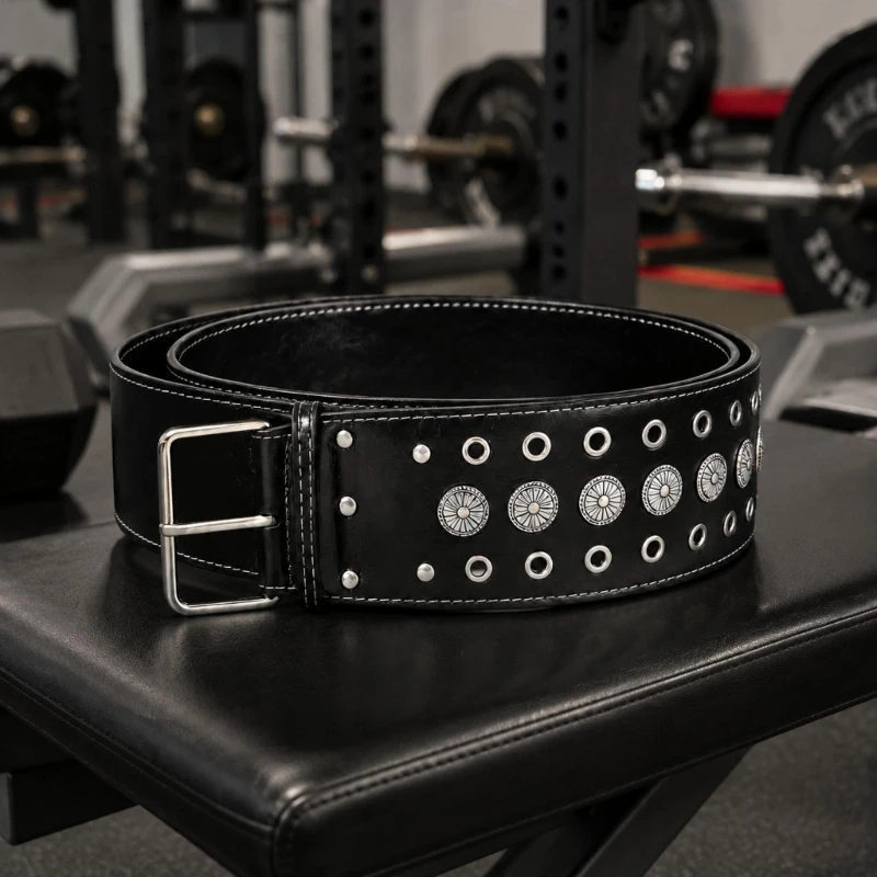 Wide Punk Studded Belt with Engraved Medallions, Layered Grommets, Distressed Finish and Grommet-Design Adjustment for Y08E
