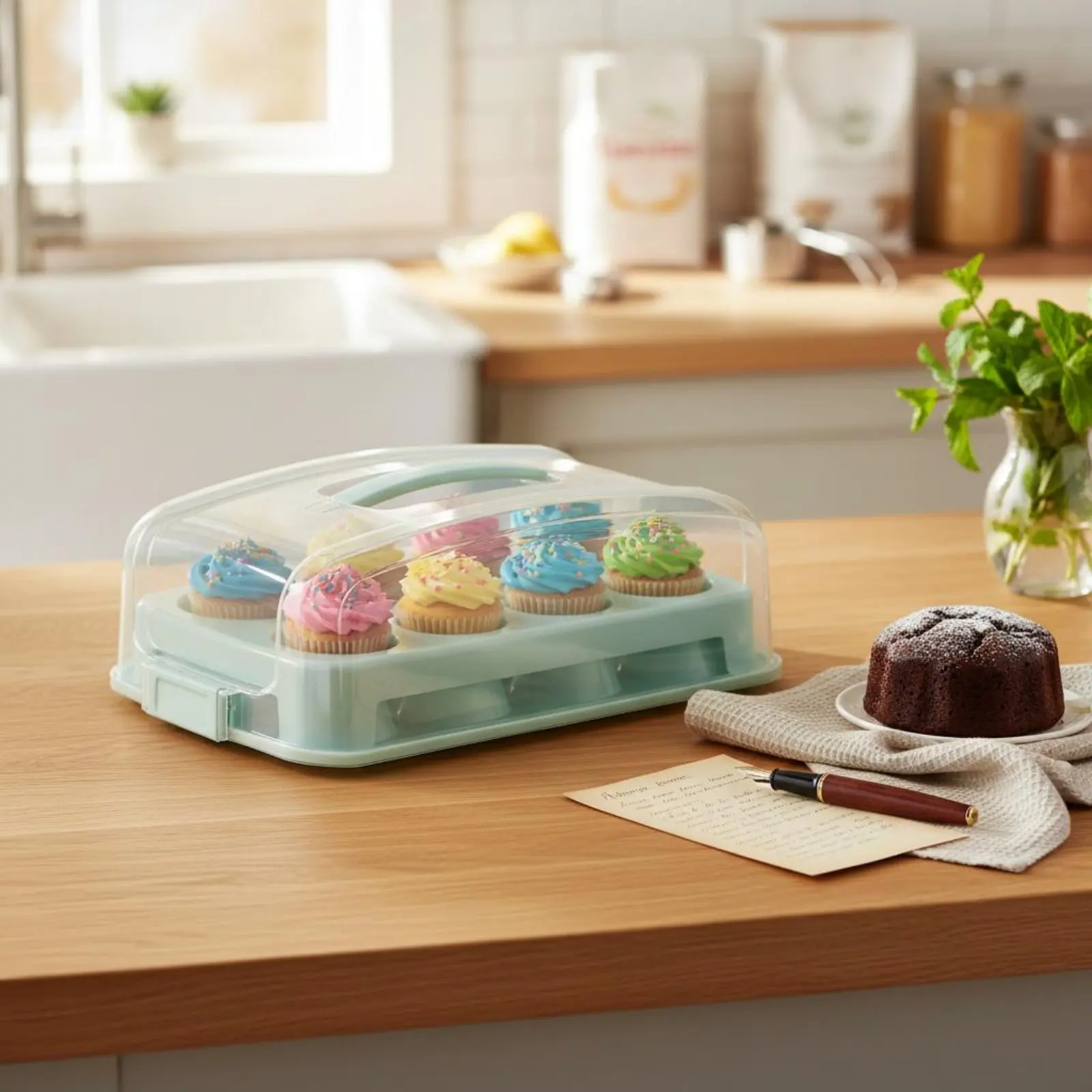 Rectangular Dessert Container with Handle Stable Latches Portable Muffin Transport Box for Home Cooks, Parties, Bake Sal
