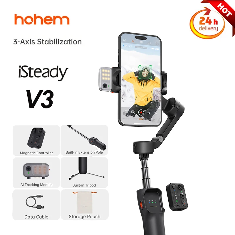 Hohem iSteady V3 3-Axis Gimbal Stabilizer Magnetic Light A-Tracking Smartphone Built-in Selfie Stick for iPhone Sumsang Xiaomi