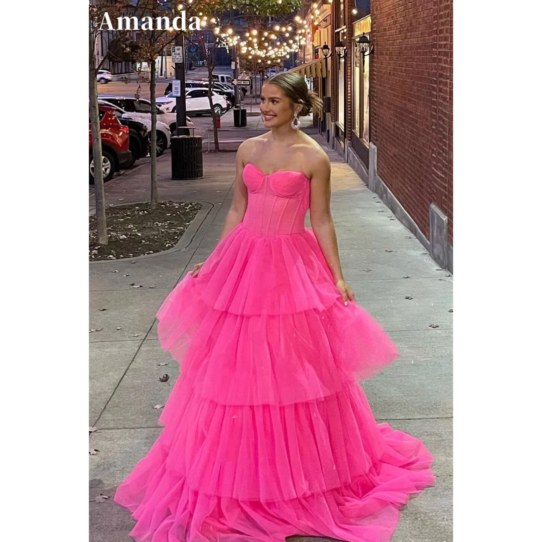 Amanda Barbie Pink Tulle vestidos de noche Strapless A-line Prom Dresses Elegant Sleeveless Floor-Length Formal Evening 2024