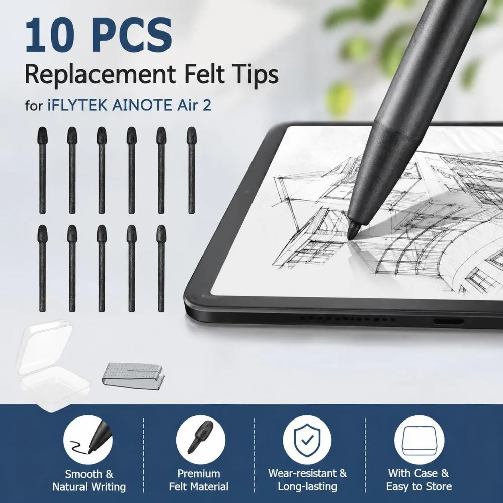 10PCS Felt Replacement Stylus Nibs Paper-Like Feel Pressure Support Stylus Pen Tips Smooth Writing for iFLYTEK AINOTE Air 2
