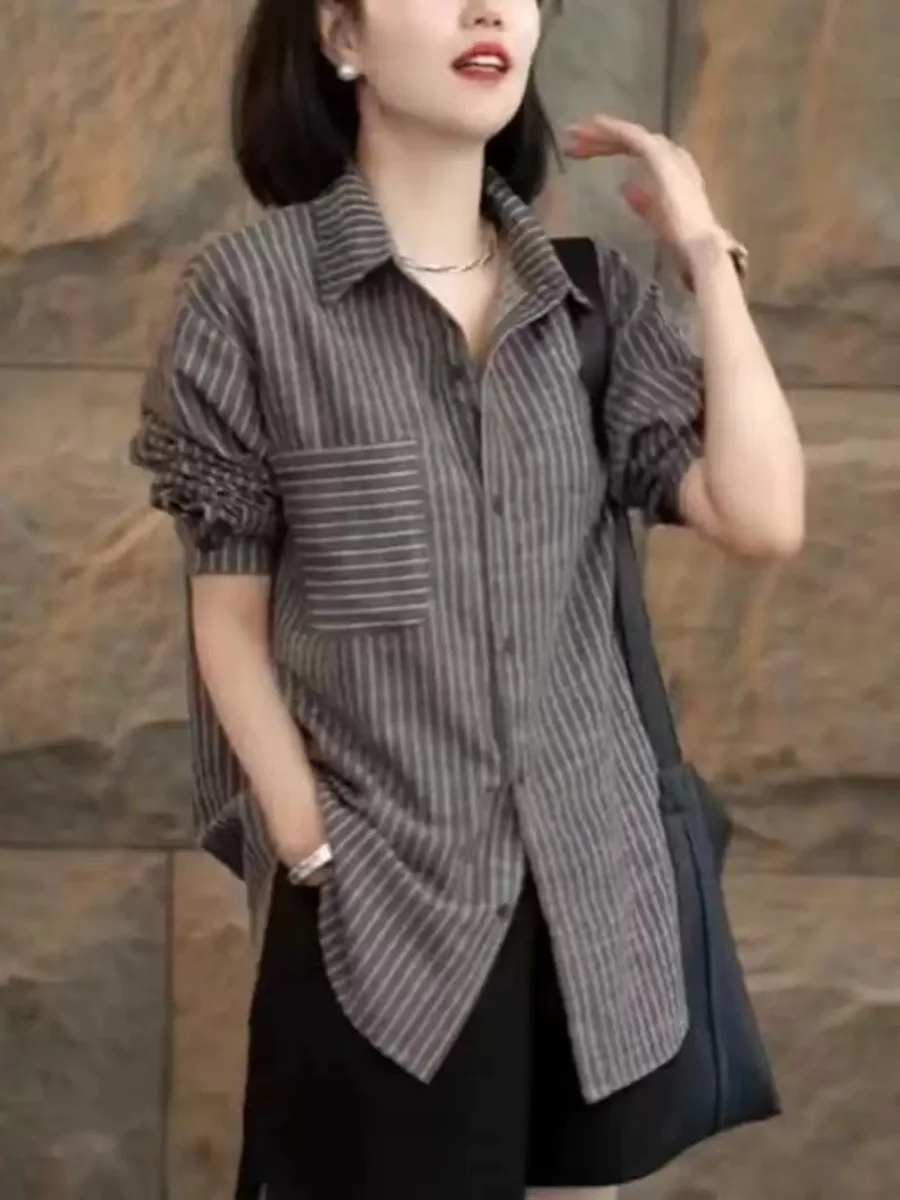 

Новинка 2024, женские полосатые магазины irt Outlet Store Faion Commute Sle, длинный воротник-свеч, средней длины, прямой крой, смесь хлопка