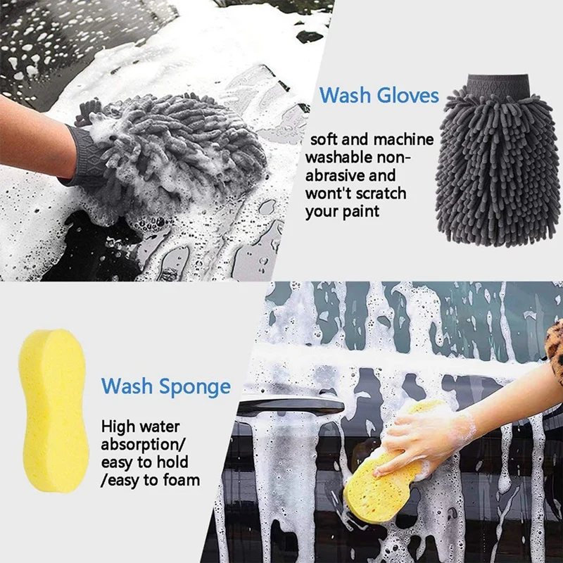 12 Piece Car Wash Tool Brush Car Tire Brush Gray & Yellow Double Wheel Hub Brush Encryption Car Wash Gloves