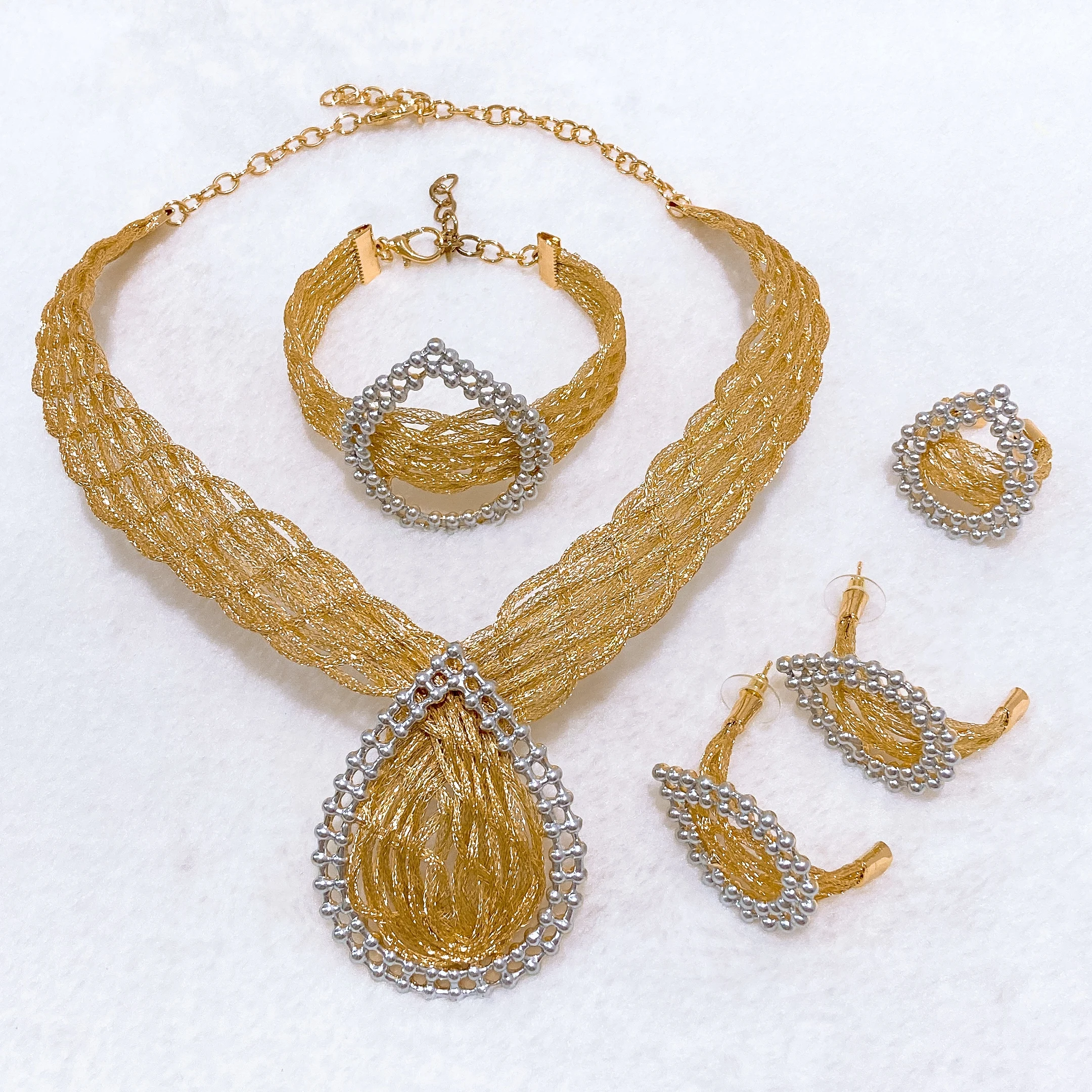 

Luxury Gold Silver Plated 4Pcs Jewelry Set Sparkling Mesh Necklace Bracelet Earrings Ring Bridal Wedding Party Jewelry for Women