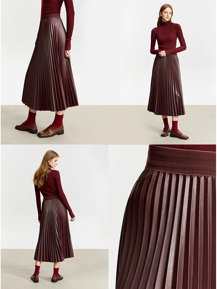 AMII Minimalist Retro Fashion Women Skirts 2024 Winter New A-line Pleated PU Simple Office Lady Leather Skirt Female 12323021