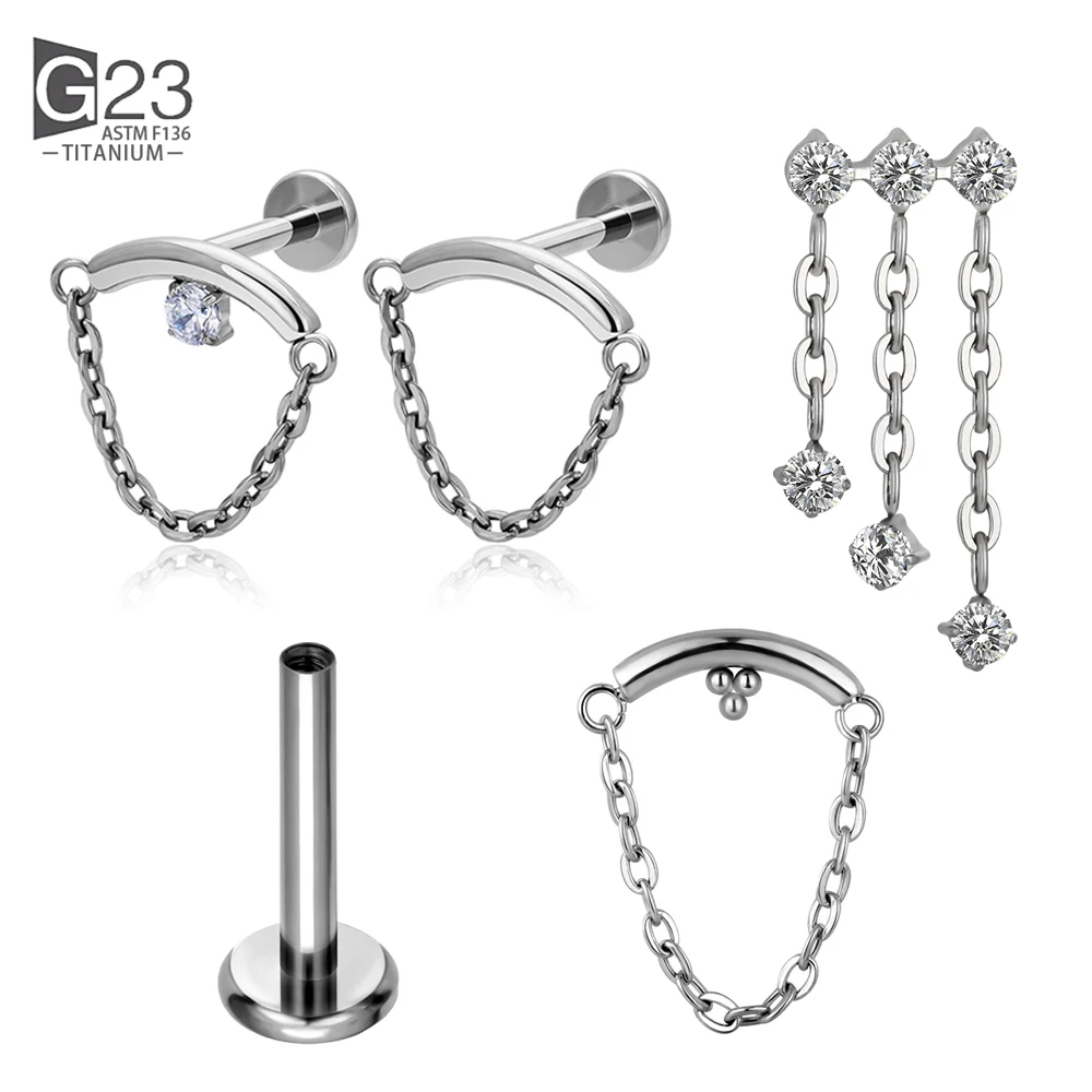 

ASTM F136 Titanium EAR PIERC Chains Hangs Curved Bar Pendant Chain Dangle Ear Studs CZ Top Labret Earrings Body Piercing Jewelry