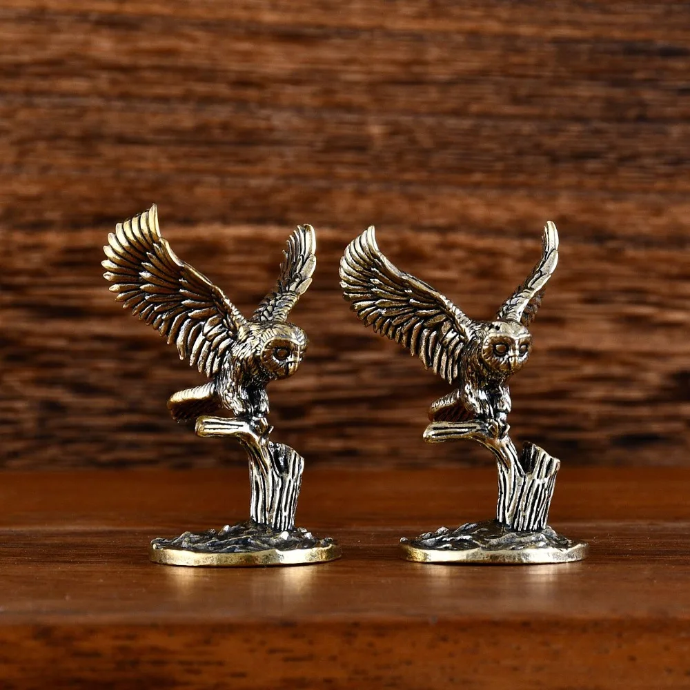 

New Antique Solid Brass Owl Miniature Figurines Retro Copper Animal Tea Pet Desktop Ornament Home Decor Crafts Animal Figurines