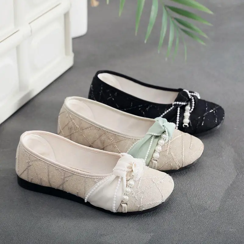 Old Beijing Cloth Shoes Pearl Flat Shoes Spring And Summer Oriental Women Hanfu Shoes Ancient Style Qipao Women Hanfu Shoes