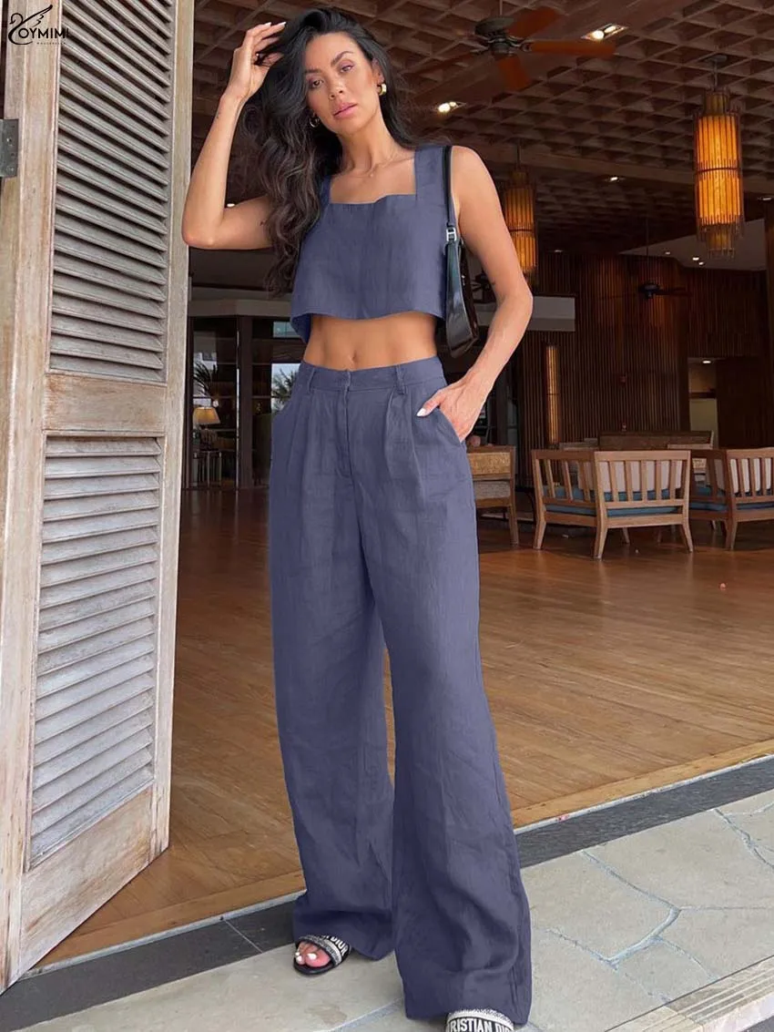 

Oymimi Summer Purple Cotton Two Piece Set Woman Fashion Square Neck Sleeveless Crop Tops And Straight Pockets Solid Pants Sets