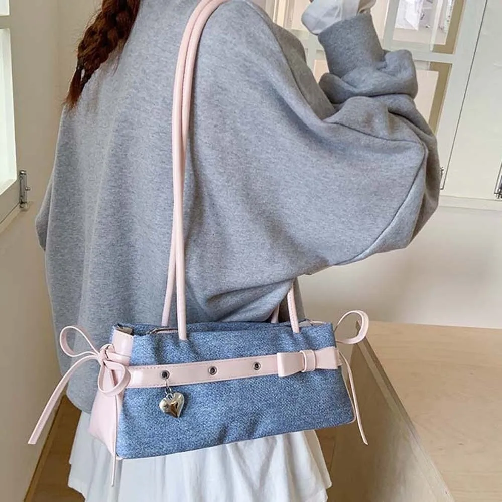 

All-match Sweet French Stick Handbag Ribbon Large Capacity Bow PU Shoulder Bag Waterproof Blue Denim Underarm Bags Work