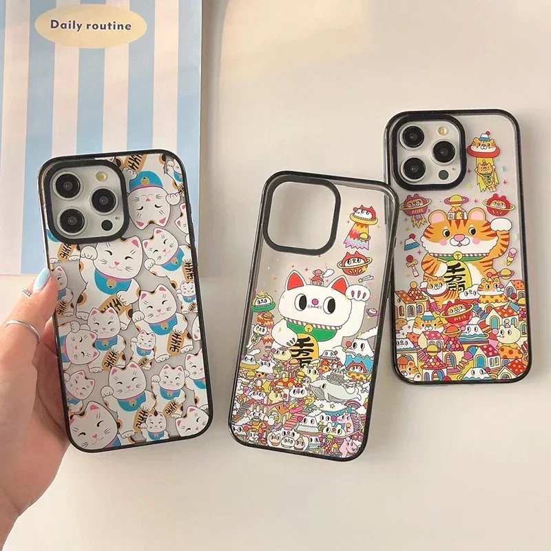 Lucky Cat Tiger 2,0 funda de teléfono acrílica para IPhone 11 12 13 14 15 16 Pro Max funda para IPhone 16 Pro Max