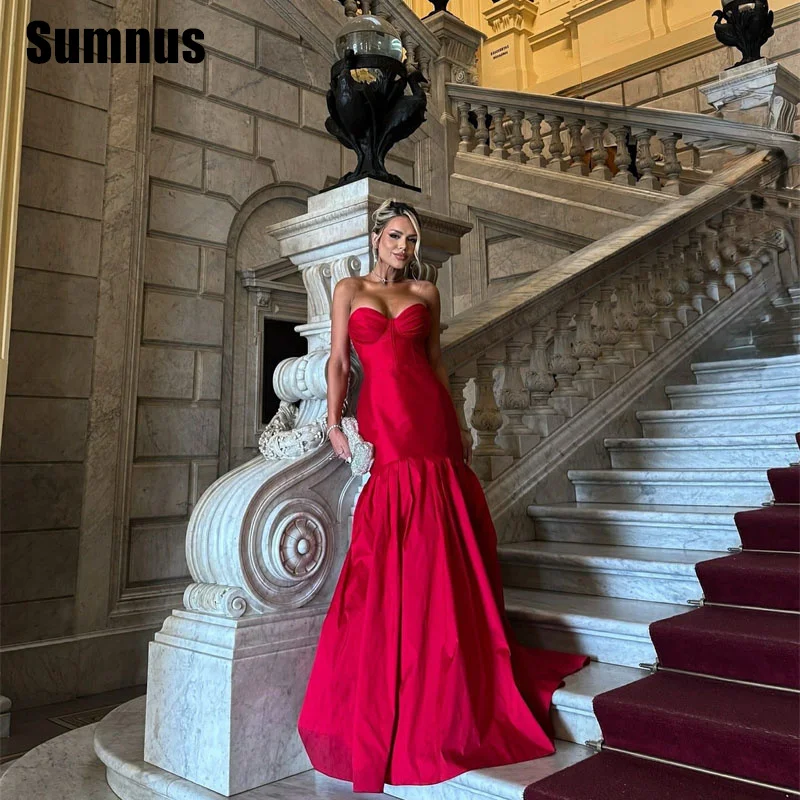 

Sumnus Charming Mermaid Red Formal Occasion Gowns Sweetheart Draped Sleeveless Floor-Length Evening Dress Customized