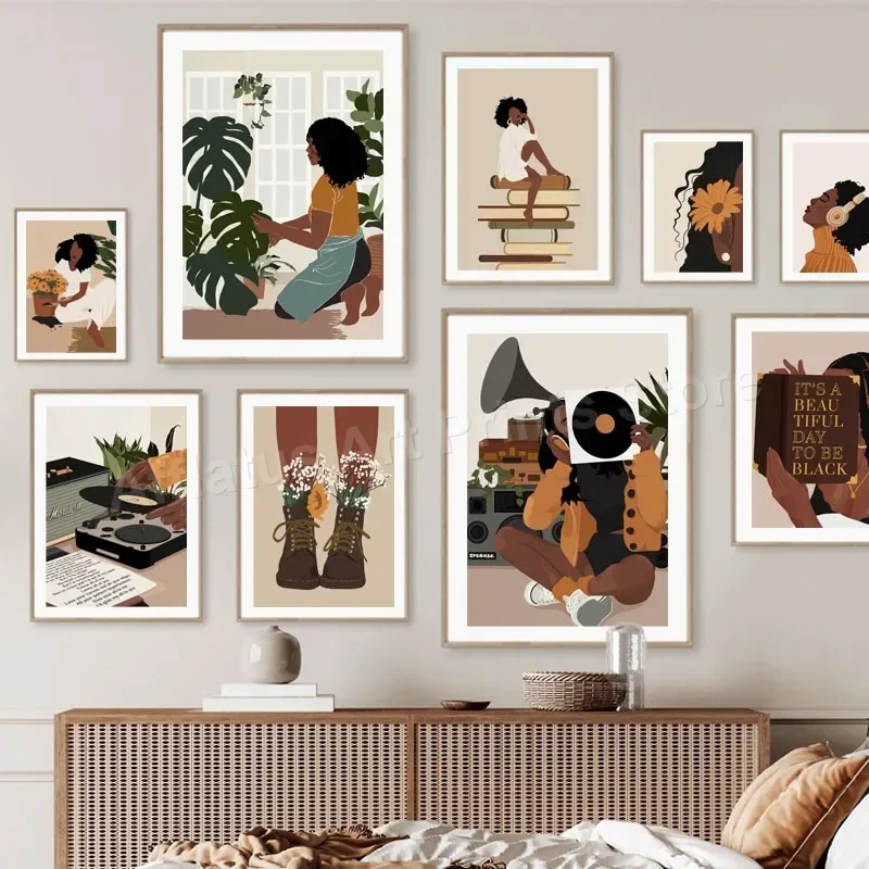Arte de pared bohemio abstracto para chica negra, registros de música de lectura, plantas de Gerbera, impresiones en lienzo para decoración estética del hogar