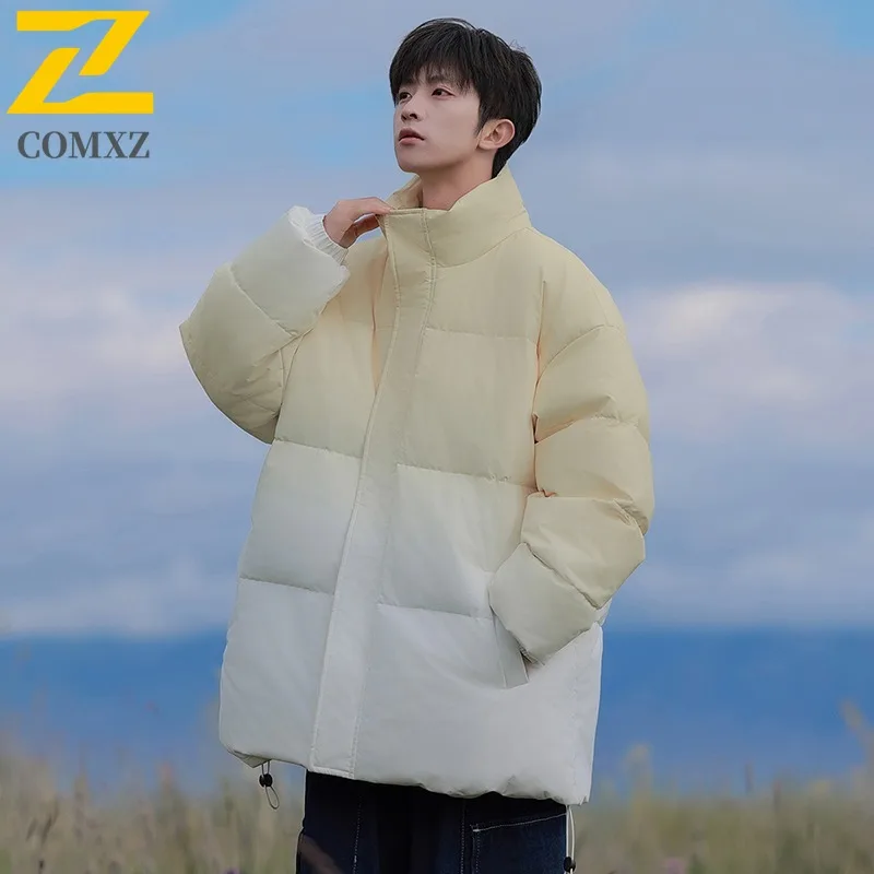 

COMXZ 2025 яркая хлопковая куртка с градиентом цвета для мужчин и женщин, пара, толстый воротник-стойка, свободная парка, зимнее пальто