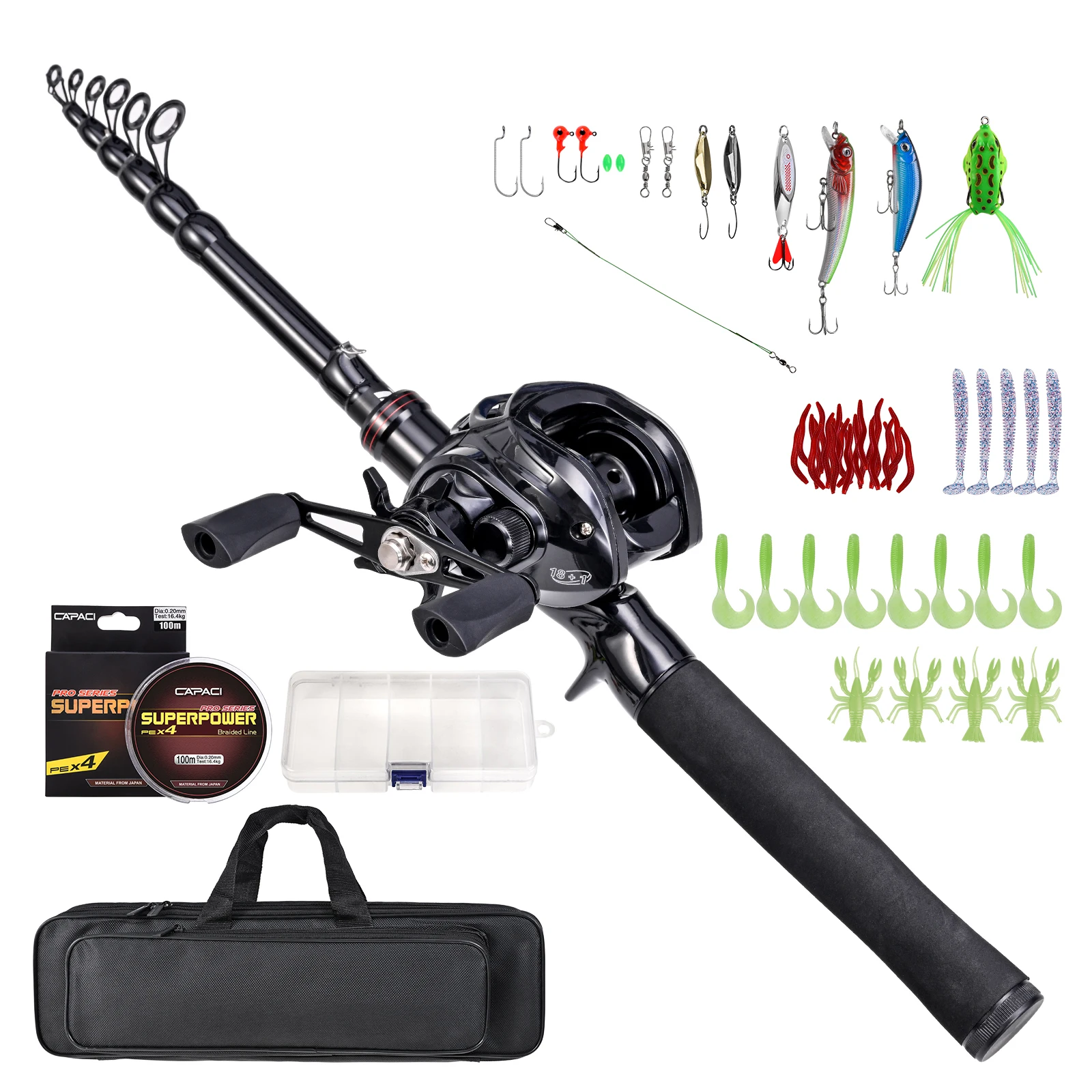 Fishing Rod & Reel Combo Set Portable Telescopic 180cm/210cm with Spinning Reels Bait and Hook Accessories Fishing TackleBag