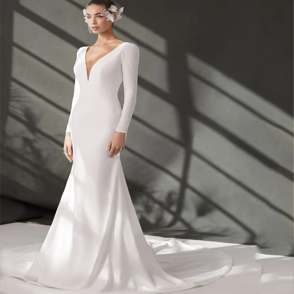 

Simple Wedding Dresses Elegant Mermaid Train Long Full Sleeves Open Back High Quality Sexy V-neck Women Bridal Gown