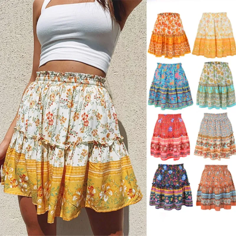 2021 Women's Printed Short Skirt Bohemian National Style Lotus Leaf Skirt Girls' Daily Leisure Maxi Dress Broken Flower Yellow