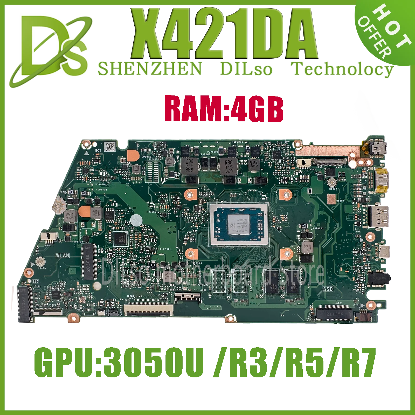 KEFU X421DA Mainboard W 3050U R3 R5 R7  4GB/8GB-RAM For ASUS VivoBook V4000D X421DK X421D M413DA Laptop Motherboard 100% TEST OK