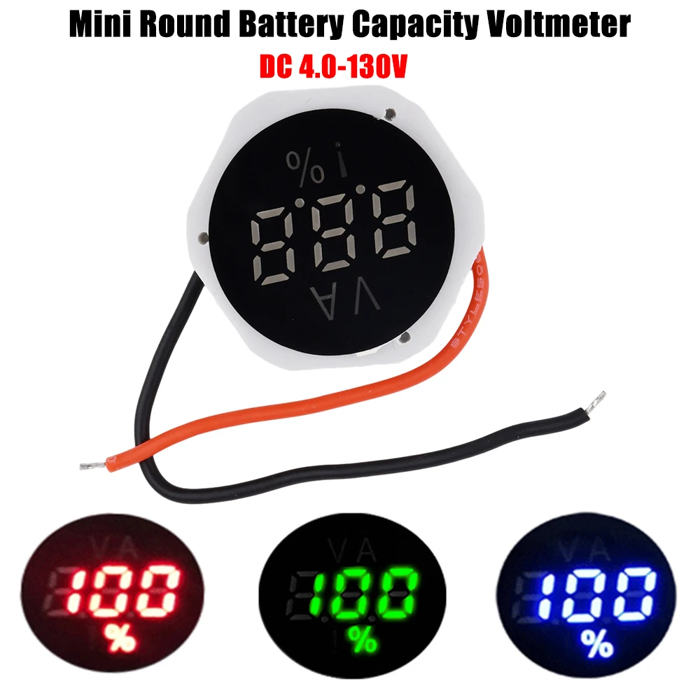 2 Wire Battery Capacity Voltmeter DC4.0-130V Mini Round Voltage Monitor Tester 2S/3S/4S/7S Lithium Battery 7.4V/12V/15V/24V