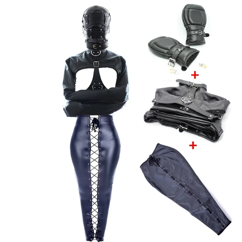 Chaleco de cuero PU con abertura en el pecho, guantes de boxeo acolchados, armbinder, arnés de piernas BDSM, bolsa, capucha, dildo, mordaza, juego de rol