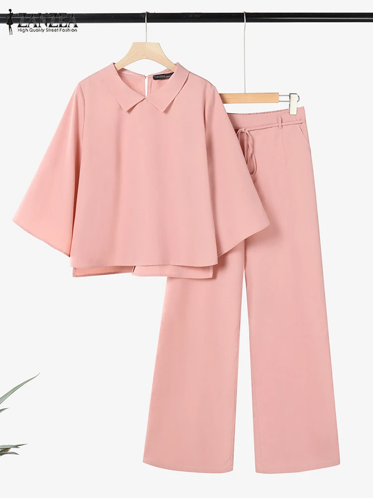 

ZANZEA 2PCS Women Work Matching Sets Summer Pant Sets Lapel Neck 3/4 Sleeve Blouse Wide Leg Trousers Suits Casual Solid Outfits