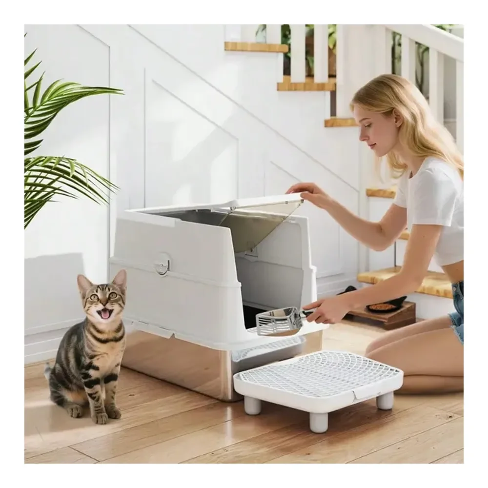 

Cat Litter Box Litter Box Cat AccessoriesLarge Stainless Steel Cat Litter Box For Big Cats With Flip Cover, HighSided Enclosure