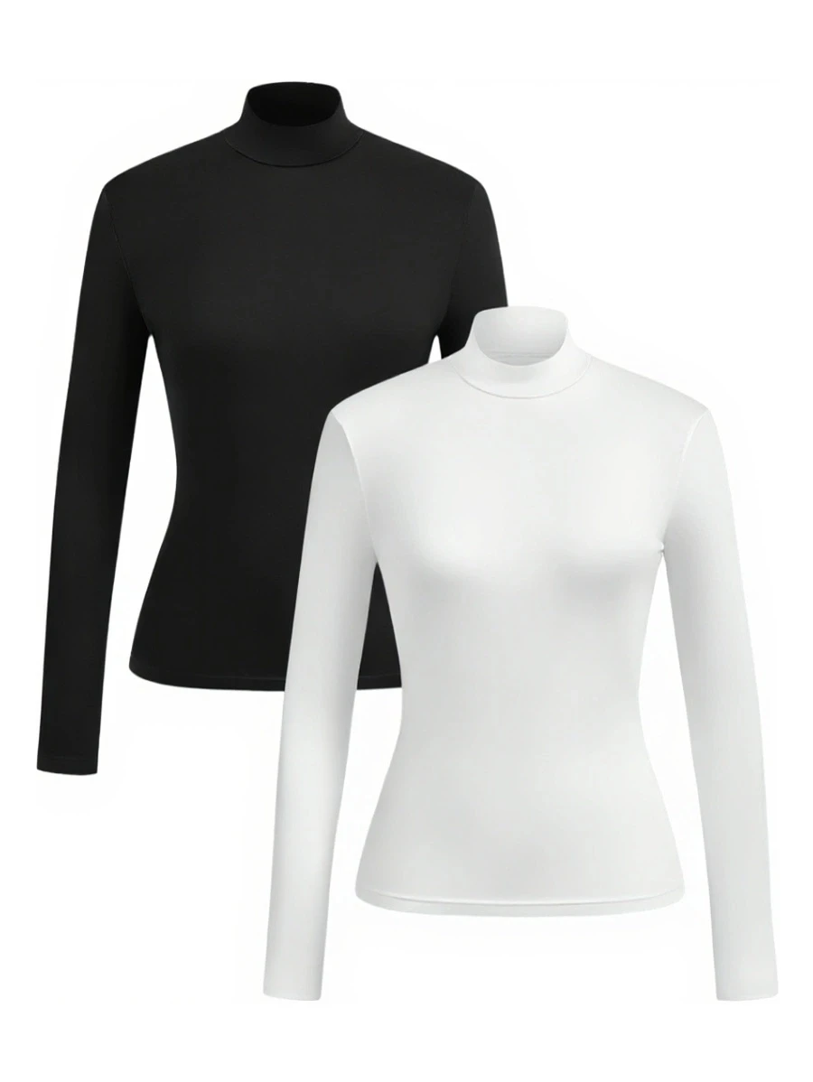 Women's high-neck brushed fitted long-sleeved basic layer T-shirt set, suitable for autumn/winter wear