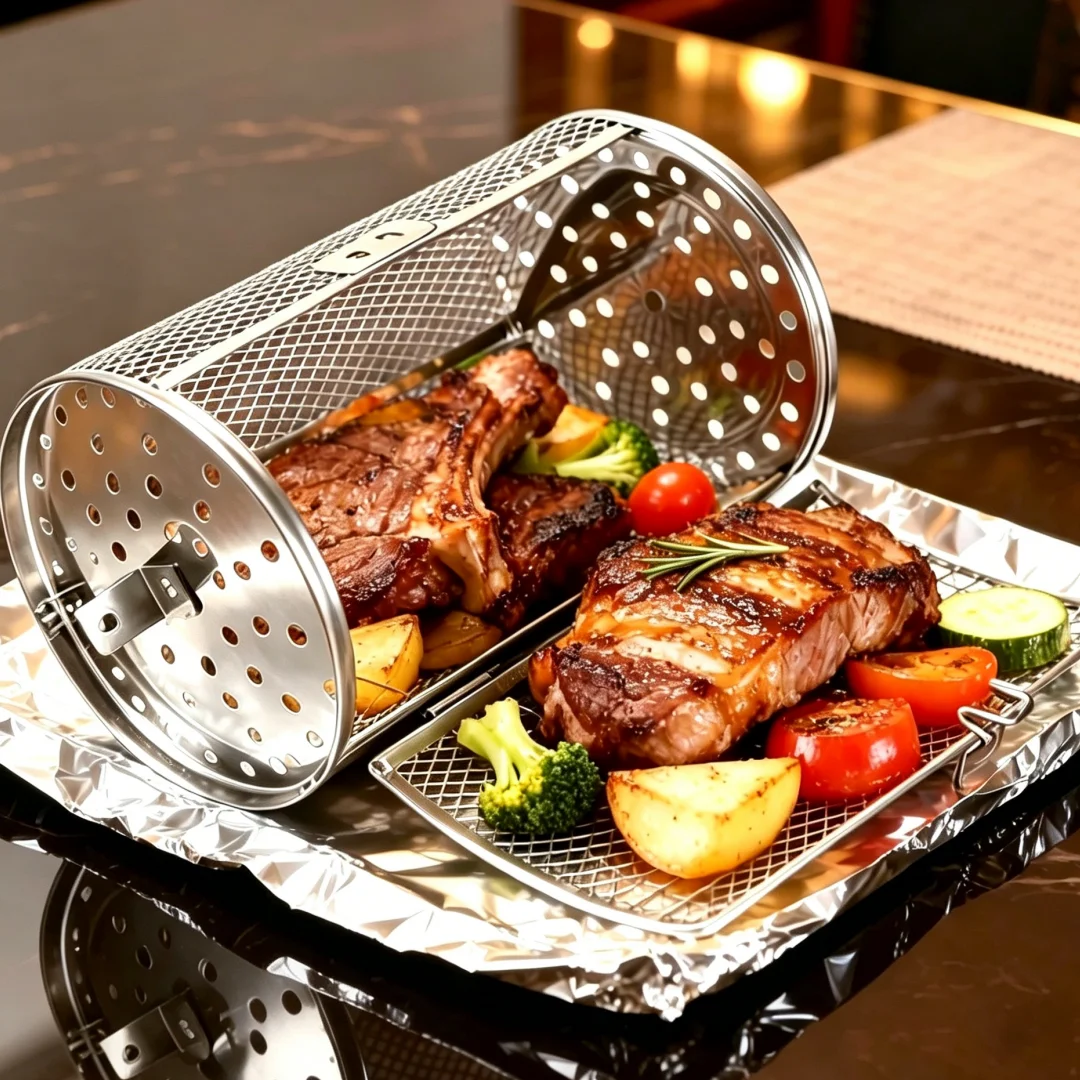 Panier de rôtissage rotatif à 360 degrés pour friteuse à air et four, en acier inoxydable, avec porte mobile pour les boulangers à domicile et les passionnés de grillades