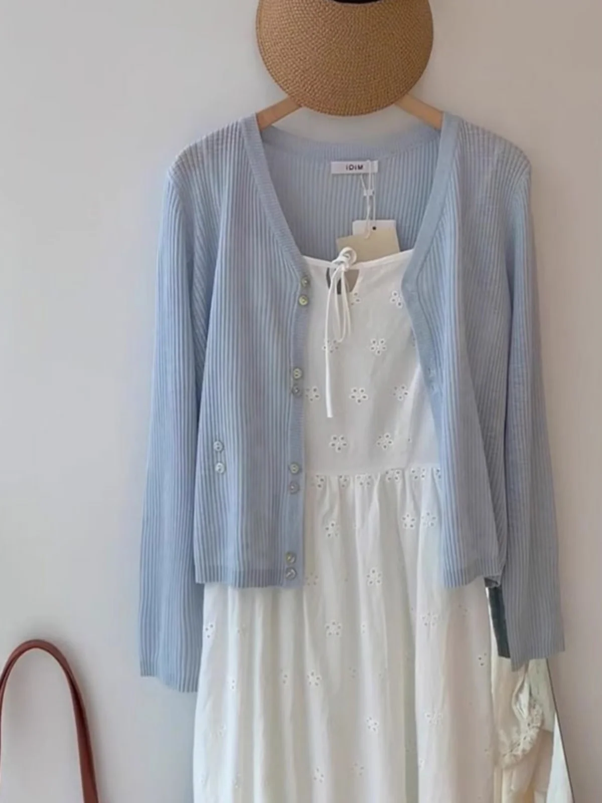 

Blue Lace Sun Protection Knitted Cardigan Women's Summer Outerwear with Strap Dresses Small Shawl V-Neck Long Sleeve Regular Fit