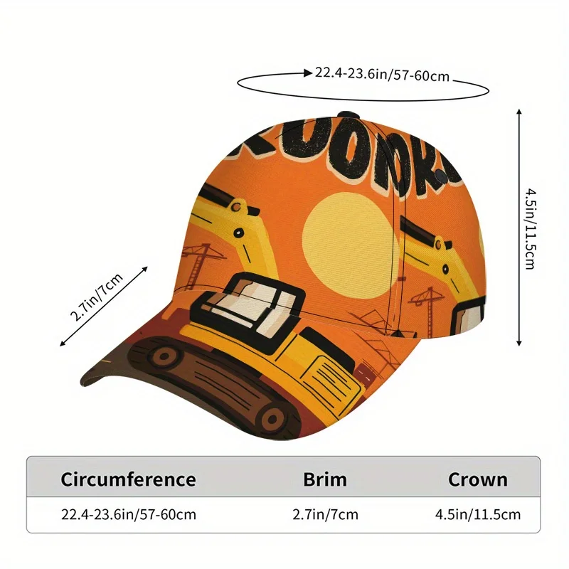 Fun Zone Construction Baseball Cap Full-Body Vibrant 2D Construction Print Adjustable Snapback Cap Suitable for Sports Running