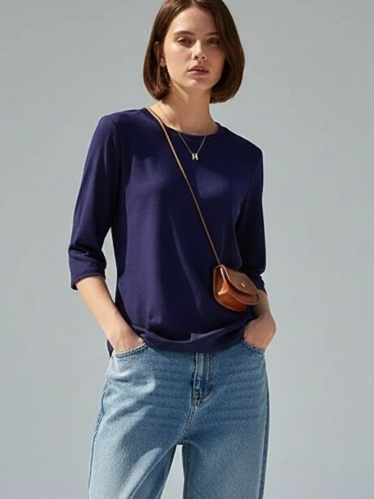 AOSSVIAO 2026 Sommer 100% Baumwolle Damen T-Shirt Basic Rundhals Modisch Einfarbig Kurzarm Oberteil – Detail 2
