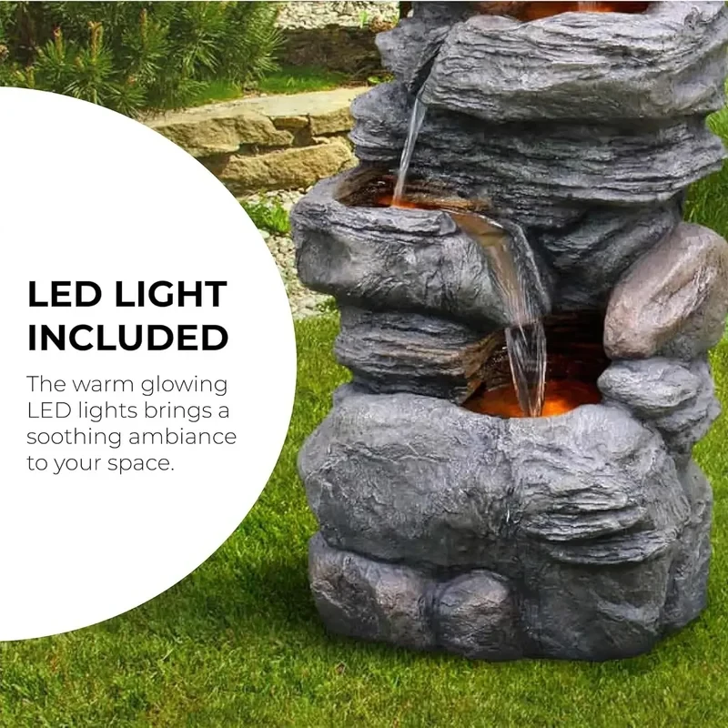 Good Home . In. Outdoor Faux Stacked Stone 4-Tier Fountain With LED Lights And Pump