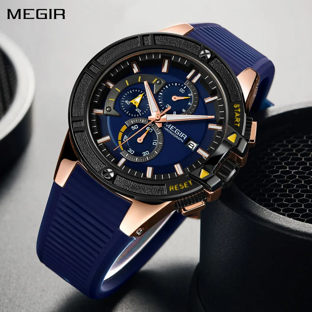 

MEGIR For Men Chronograph Fashion Sports Watches Silicone Strap Waterproof Calendar Quartz Man Clock Wristwatch