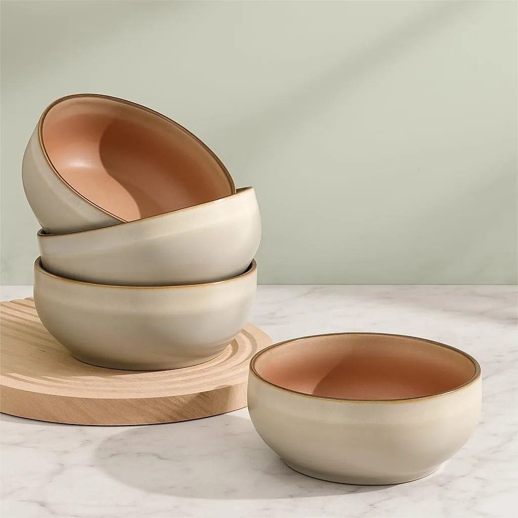 Stoneware Ceramic Cereal Bowls Set of 4, 21 oz, Lead-Free & Microwave Safe, Nordic Design, Terracotta/Sage Ash