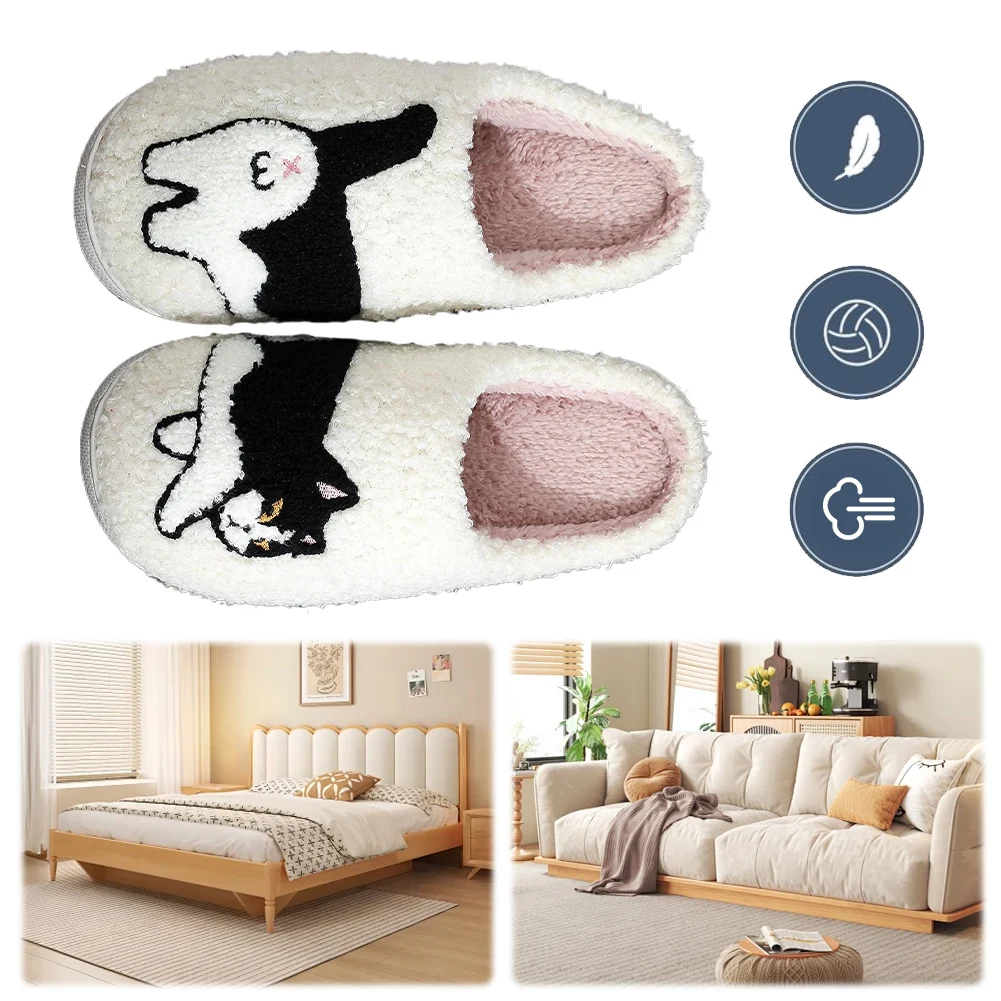 Pluche Koe Kat Slippers Leuke Huis Slippers Antislip Pluizige Huisdier Kat Slippers Comfortabele Warme Paar Slippers voor Slaapkamer Binnen