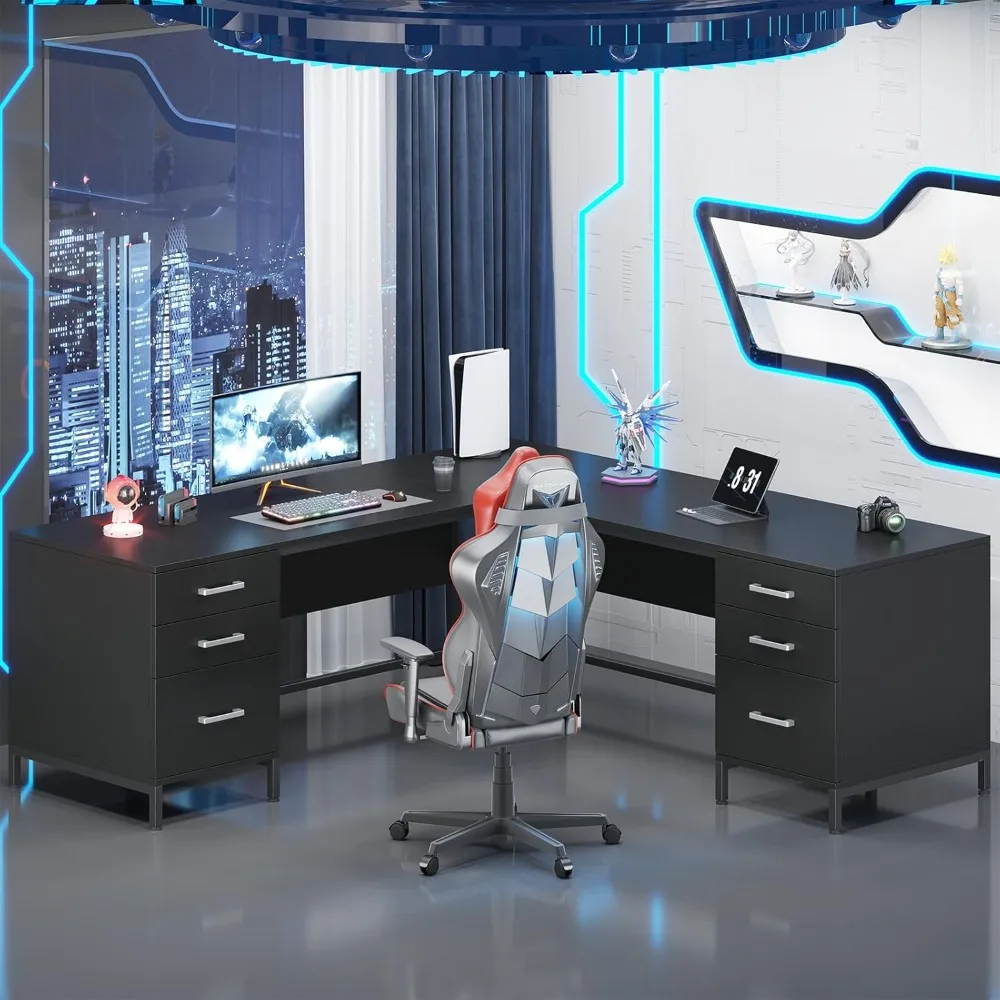 مكتب على شكل حرف L مع 6 أدراج، مكتب كمبيوتر كبير للمكتب المنزلي مع خزانة ملفات تخزين، مكتب خشبي معدني حديث