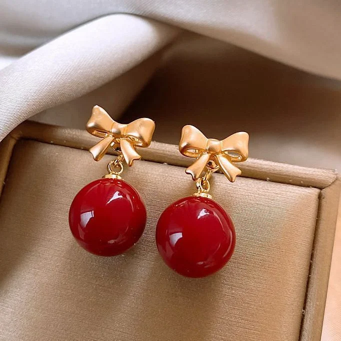 

2026 New Gold Bow Red Pearl Stud Earrings for Women High-end Sense Light Luxury Ear Jewelry Trendy Fashion Earrings