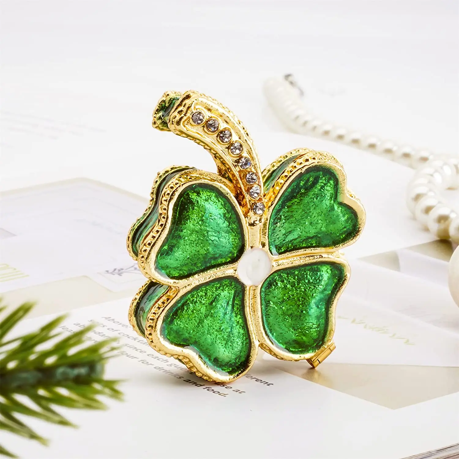 H&D Four Leaf Clover Trinket Boxes Hinged Jeweled Enameled Decorative Flower Jewelry Ring Holder Box Collectible