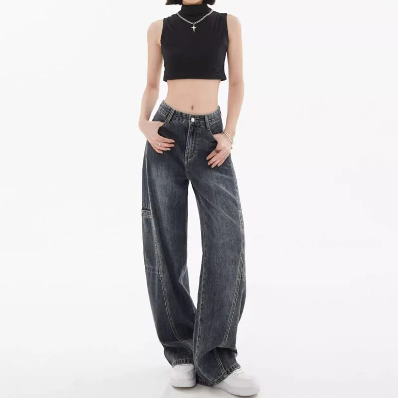 

Autumn Korean Women'S Retro Multiple Pockets High Waisted Straight Leg Pants Work Pants Micro Elastic Baggy Jeans Y2k