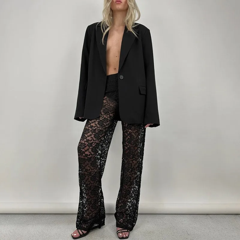 Sexy See Through Lace Hollow Out Women Pant White Black High Waist Wide Leg Female Summer Casual Streetwear Club Straight Pants