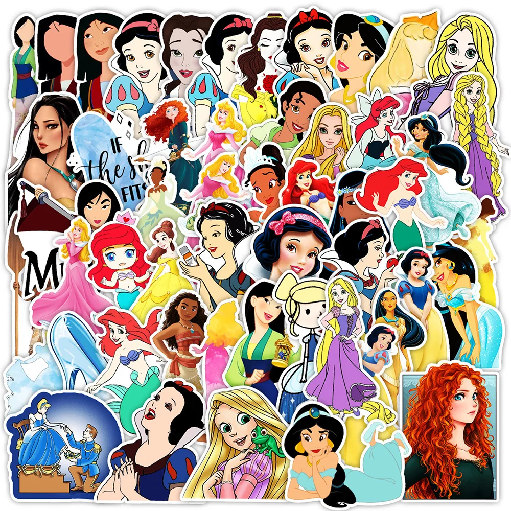 Pegatinas de Graffiti de princesa Disney, calcomanías de dibujos animados de Blancanieves, Rapunzel, Mulan, para teléfono, guitarra y equipaje, 10/30/50 piezas